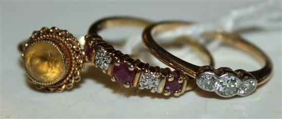 18ct gold & diamond 3-stone ring, ruby & diamond 5-stone ring & 9ct gold citrine-set ring